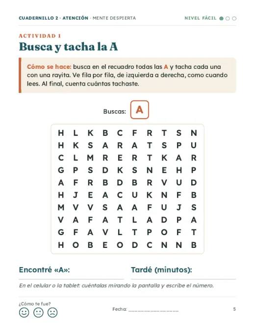 Página de ejemplo del cuadernillo de Atención: busca y tacha la A