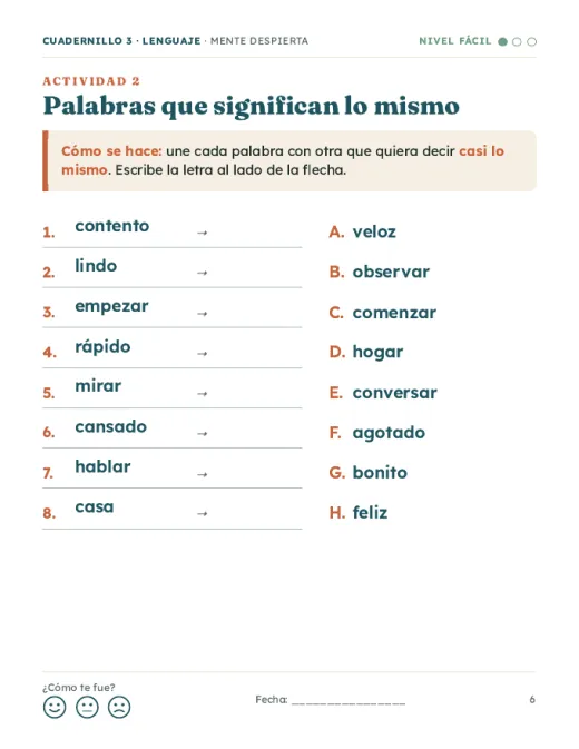 Página de ejemplo del cuadernillo de Lenguaje