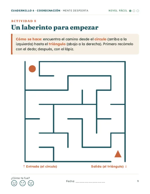 Página de ejemplo del cuadernillo de Coordinación: un laberinto